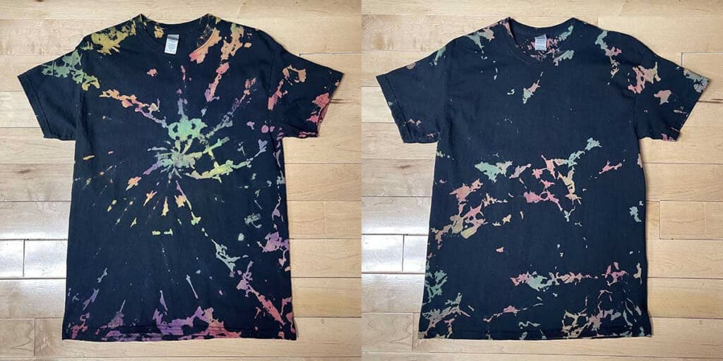 Spiral and crumple patterned Tulip reverse tie dyed shirts re-dyed