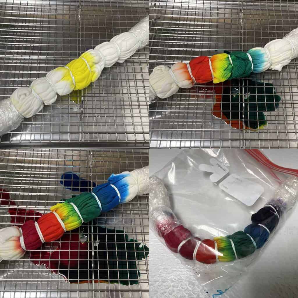 Adding dye to sweatshirt for rainbow tie dye pattern