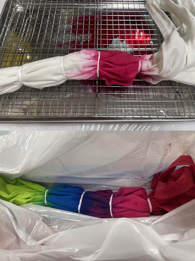 Dyeing the tote bag in the rainbow tie dye pattern